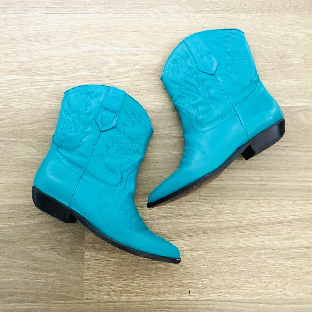Vintage Turquoise-Green Leather Women’s Western Ankle Boots
